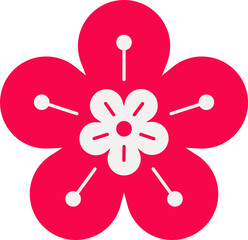 Flat flower icon is featuring red petals with white center, stamen lines on transparent background