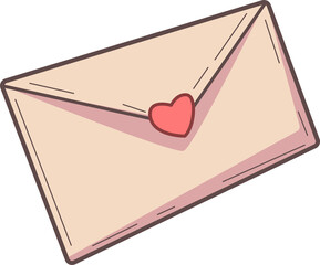 Stylized pastel envelope is tilting in flat style with heart sticker, transparent background