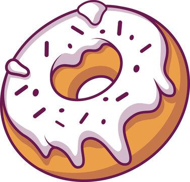 Naklejki Vector brown donut is showing dripping white icing and purple sprinkles with transparent background