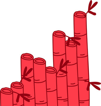Red bamboo stalks are forming stepped shape with leaf clusters in vector art on transparent field