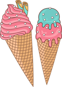 Naklejki Pair of pastel waffle cones are sitting on transparent backdrop with swirl, sprinkles and scoops