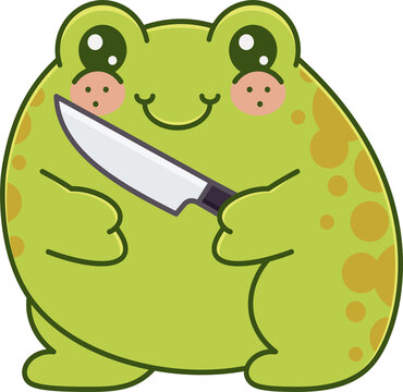 Cartoon frog is holding kitchen knife in flat design with bold outlines on transparent background