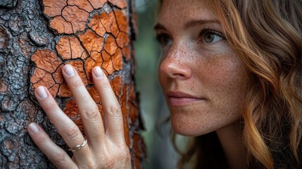 Natural ponderosa bark texture being touched by woman's hand showing intricate plate patterns and reddish-orange coloration in outdoor setting