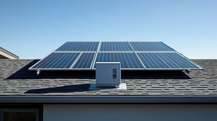 Panel junction box component of solar installation system on modern house rooftop clear blue sky background residential energy solution