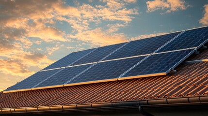 Residential solar installation modern photovoltaic panels on residential rooftop golden sunset dramatic sky clean energy