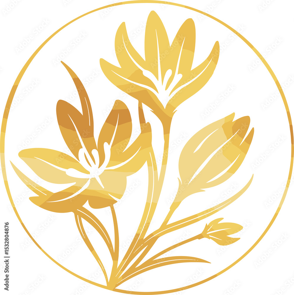 Poster gold line-art motif is showing three blossoms and two buds in circular frame on transparent canvas