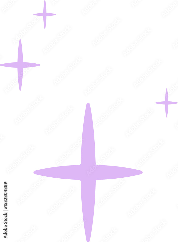 Poster pastel purple sparkle icons floating in flat design, adding twinkle on transparent background