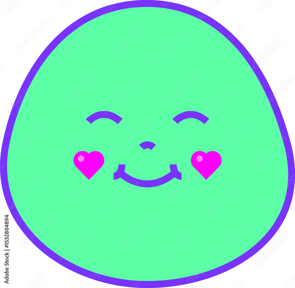 Poster displaying flat green smiling blob with purple outline and heart cheeks on transparent background