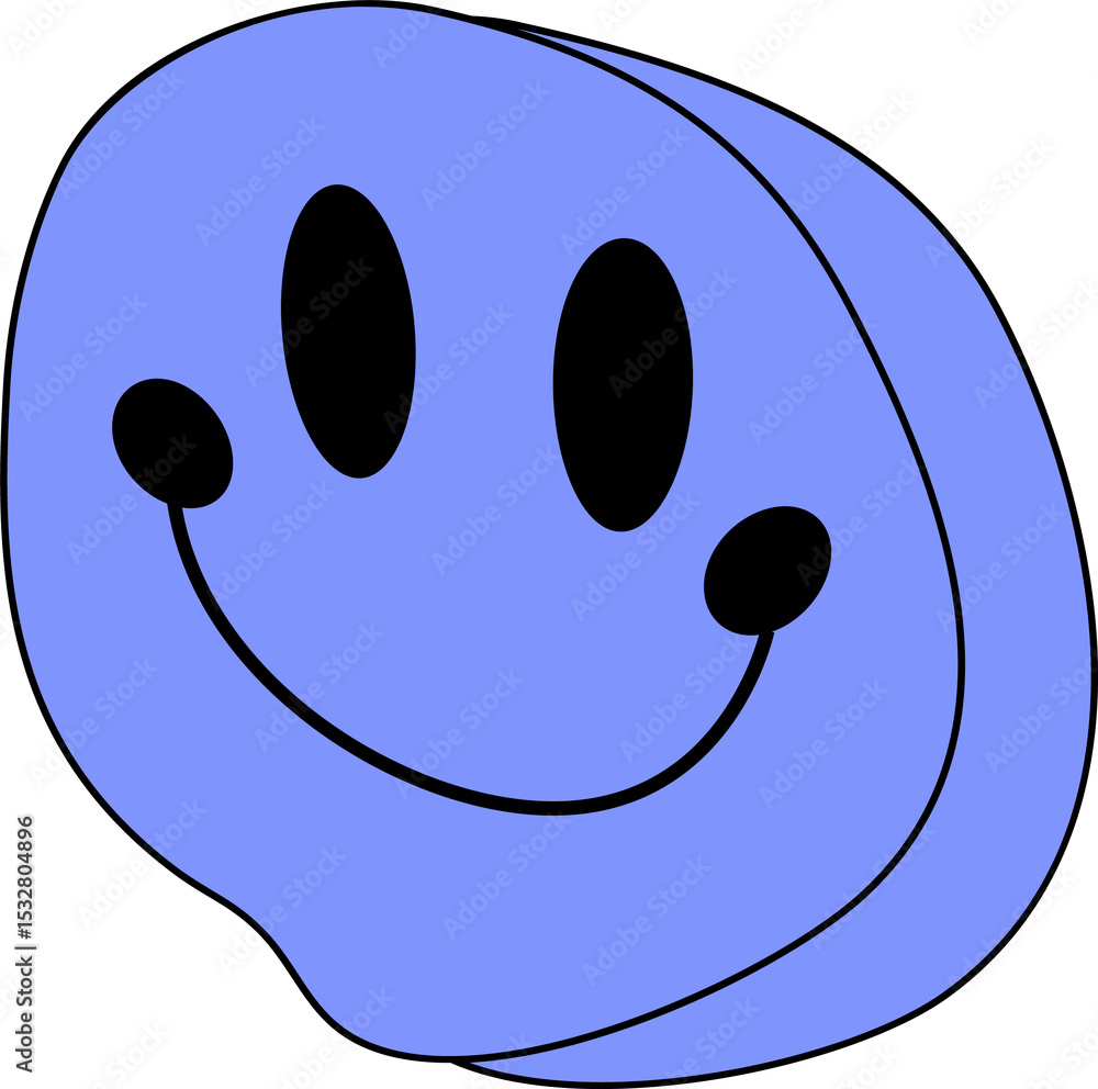 Poster in flat design blue blob with black outline and smiling face is floating on transparent background