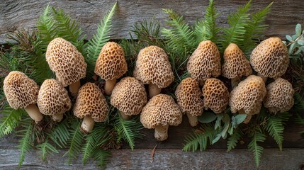 Oregon mushrooms fresh morels displayed on rustic wooden surface with Pacific Northwest ferns and conifer needles highlighting unique porous caps and natural brown coloration