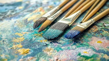 Fototapeta premium A close-up of paintbrushes and watercolor paints beside a beautifully colored artwork, capturing the transition from drawing to vibrant coloring