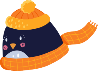 Cartoon penguin winter hat is featuring orange pompom and checkered brim on transparent background