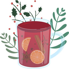Flat design glass mug showing mulled wine with orange slices, holly berries, transparent background