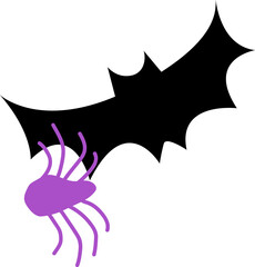 Flat illustration showing black jagged burst and purple spider spinning on transparent background