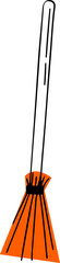 Broom is standing on transparent background, showcasing long dark handle and orange bristles