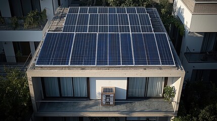 Panel junction box central hub electrical distribution aerial drone view solar panels modern house roof complete installation overhead