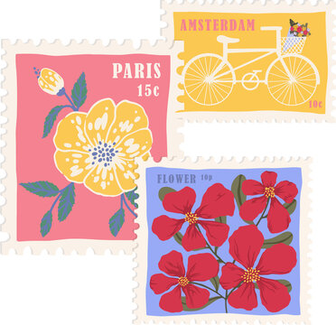 Fototapeta Presenting vector stamps with floral and bike with basket motif floating on transparent backdrop