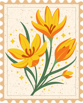 Flat yellow-orange bouquet is floating in cream-stamp-panel with sparkles on transparent background