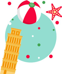 Travel vector art is featuring tilted tower, beach ball, starfish, teal circle on clear background
