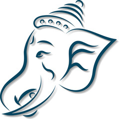 Line art elephant head is showing teal brushstrokes with dotted crown on transparent background