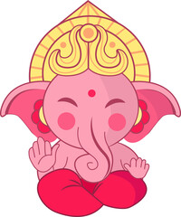 Ganesha is sitting in flat design with gold halo crown, red mark, red drape, clear background