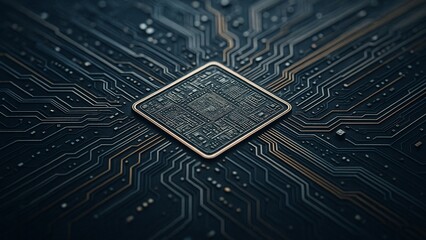 Abstract Technology Microchip Design with Electric Blue Glow – Sci-Fi Digital Concept for Data Networks and Advanced Computing

