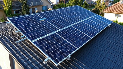 Panel mounting system aerial view residential roof solar array aluminum mounting rails professional installation grid pattern