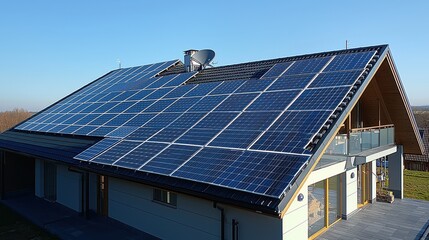 Solar panel monitoring technology modern house rooftop installation comprehensive panel coverage residential solar array renewable energy system