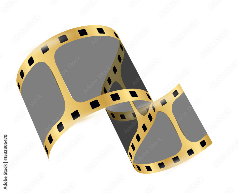Poster golden film strip is twisting in 3d render with empty black frames on transparent background