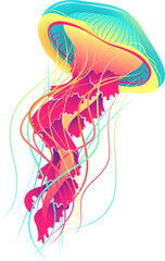 Floating stylized jellyfish glowing with gradient dome and neon tentacles on transparent background