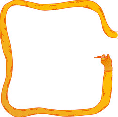 Cartoonish orange arm is twisting around square border, holding syringe on transparent background