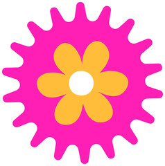 Showing flat flower icon with magenta spiky border, yellow petals, white core, transparent canvas