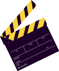 Film clapperboard is being shown in flat design, striped top and labels on transparent background