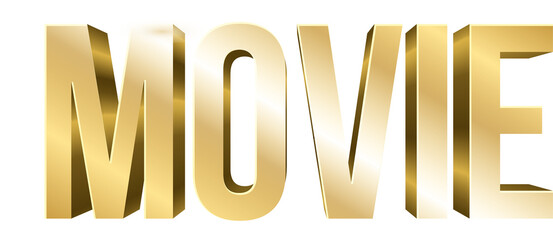 Stylized 3D golden MOVIE text is showing beveled edges and reflective sheen on transparent backdrop