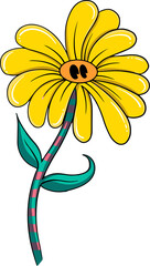 Cartoon flower showing petals, eyes on orange center, striped stem, leaves, transparent background