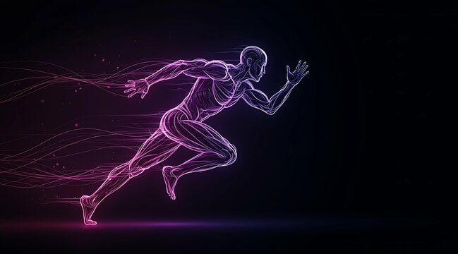 Abstract digital illustration of a male sprinter made of glowing neon lines or energy trails on dark background