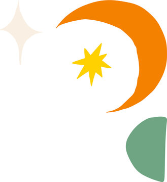 Naklejki Flat design shapes are floating on transparency with cream, yellow stars, orange moon, green leaf