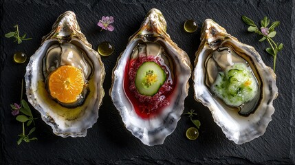 Oyster presentation featuring three fresh shells with colorful culinary foams, microgreens, and artistic oil droplets on textured black slate surface