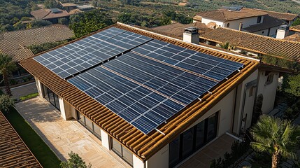 Solar panel optimization aerial view modern residential house roof systematic installation layout energy efficient photovoltaic system