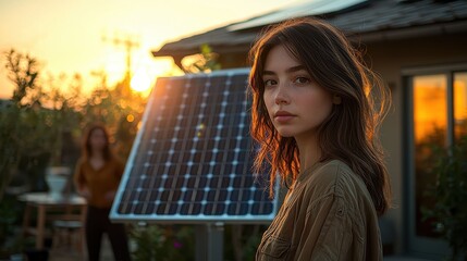 Solar panel wind resistance modern house roof young woman homeowner sunset golden hour residential energy installation