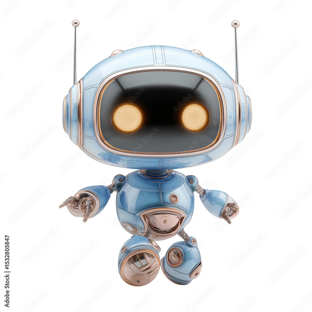 Poster a friendly cartoon robot with a blue color scheme isolated on white backgroun