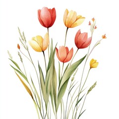 Watercolor arrangement of tulips and delicate grasses on a plain white background