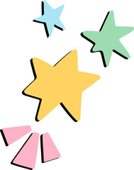 Drifting pastel-colored star shapes in transparent backdrop with pink trapezoid accents, copy space