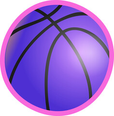 3D-rendered purple basketball with black seams is floating inside pink ring on transparent backdrop