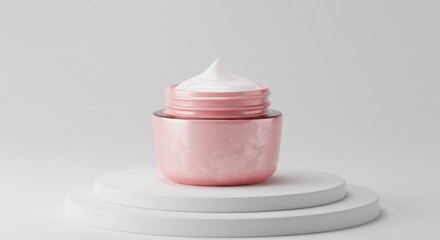 Pink jar of white cream on a white pedestal
