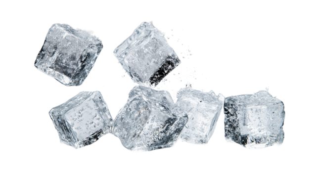 A collection of translucent ice cubes, offering a refreshing visual element isolated on white backgroun