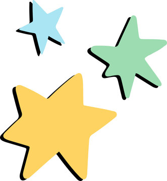 Vector-style graphic is showing three hand-drawn stars with black shadows on transparent background