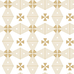 Abstract geometric pattern with triangle, lines and stripes on white background. A seamless vector background. Graphic modern pattern. White and gold pattern.