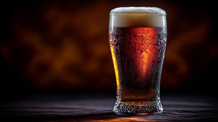 Refreshing Glass of Cold Beer with Frothy Head on Dark Background