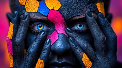 A woman with black and orange paint on her face and hands